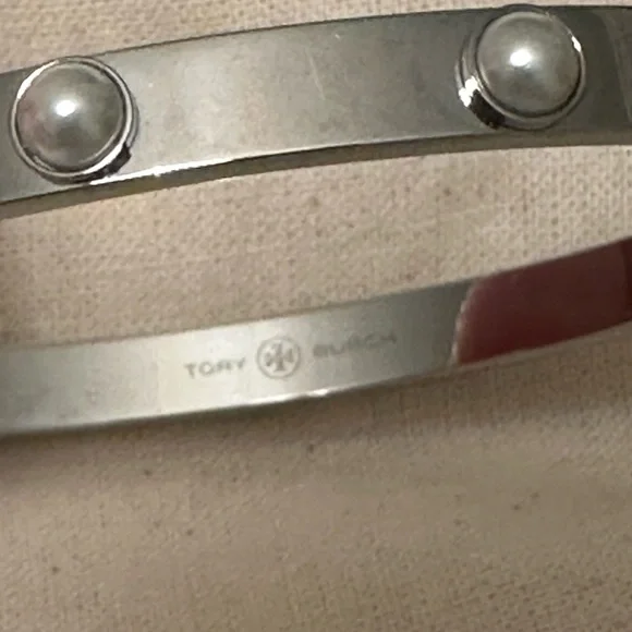 Tory Burch Silver Hinged Bangle Bracelet with Pearl Accents - Picture 2 of 9